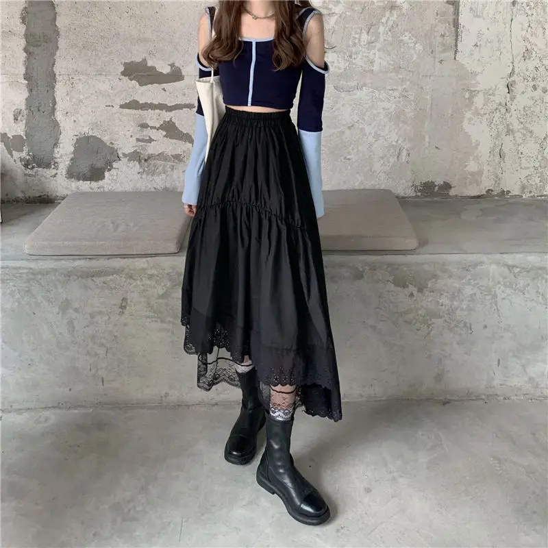 

Black Gothic Lace Stitching Irregular Pleated Women Skirt White Vintage High Waist Long midi Skirt Korean Solid harajuku summer