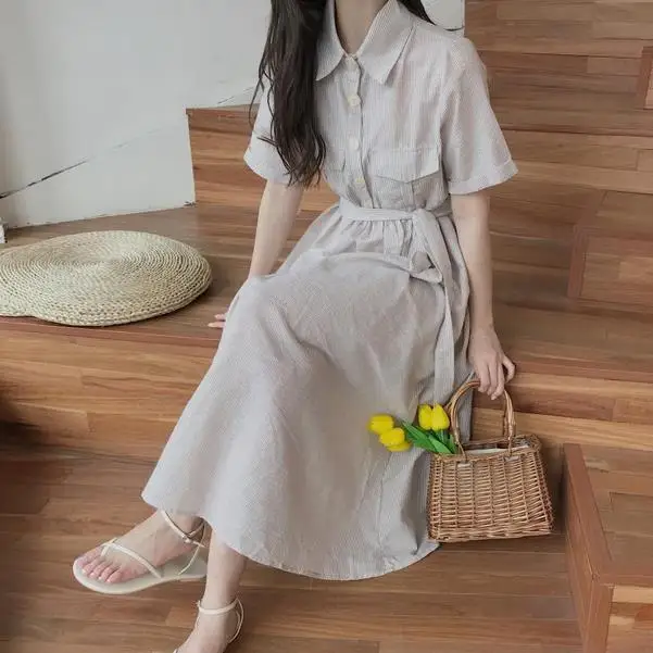 Mori Girl весеннее женское длинное платье с отложным воротником синее Полосатое