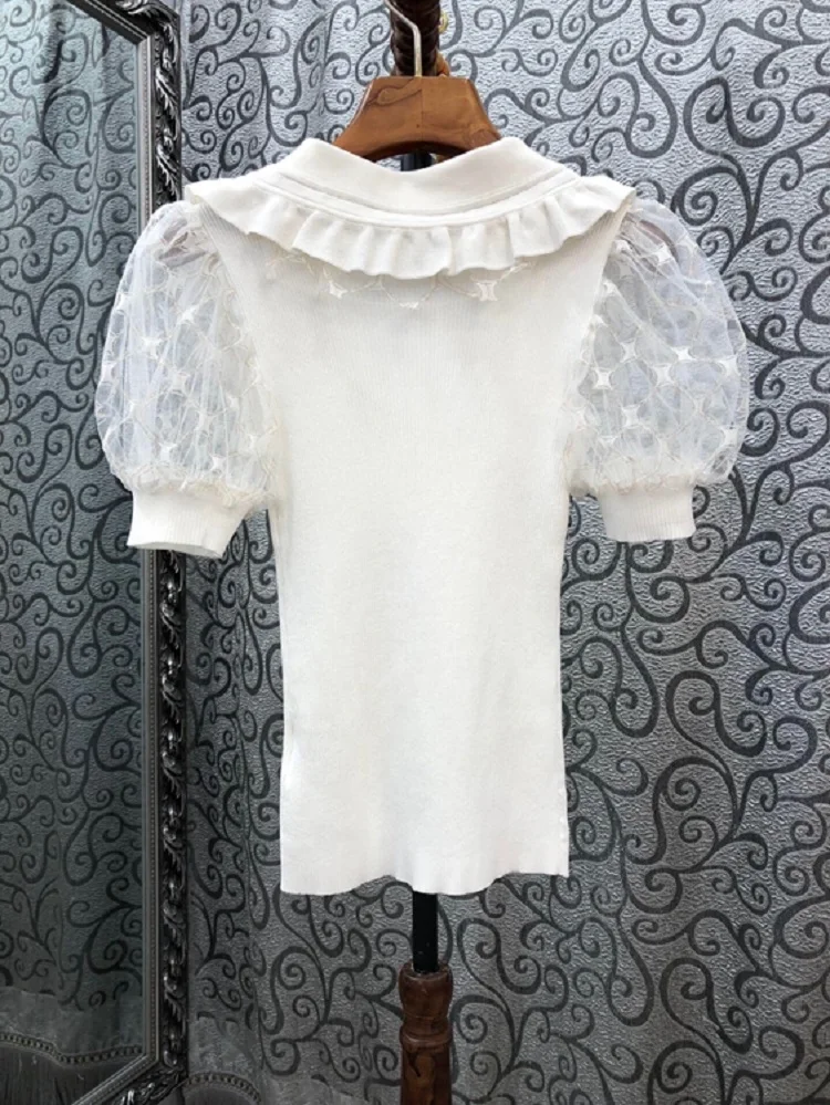 

2020 Autumn Fashion Knitted Sweaters Women Turn-down Collar Sexy Tulle Lace Patchwork Short Sleeve Solid Black White Jumpers