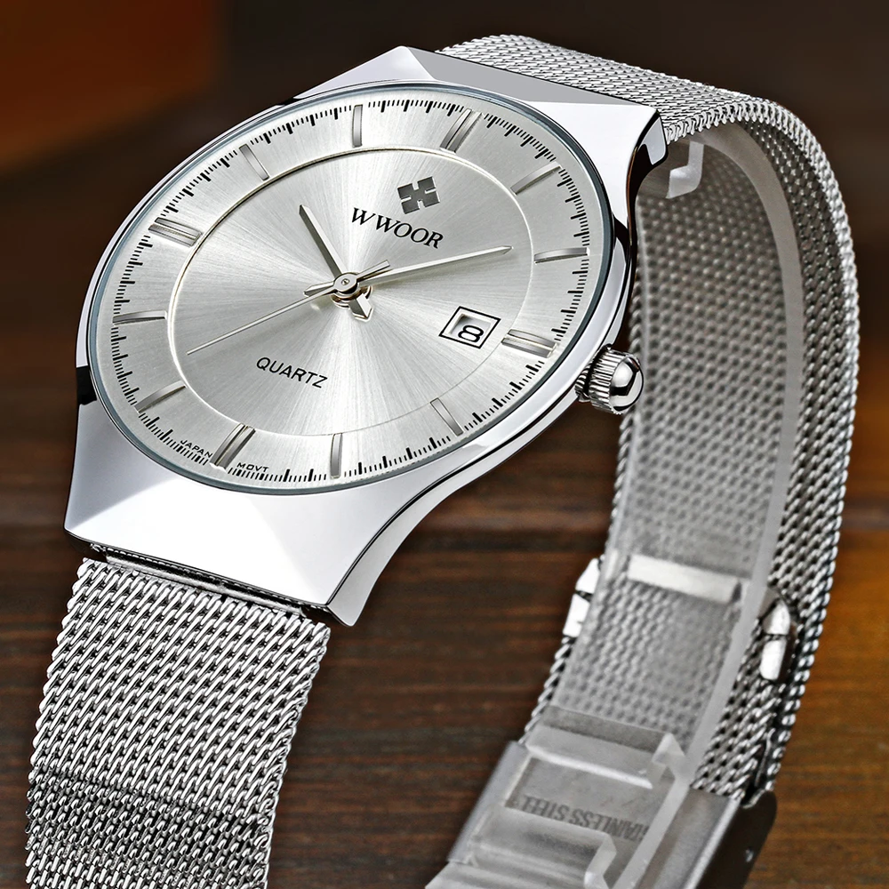 

Мужские кварцевые часы WWOOR, водонепроницаемые, ультратонкие, из нержавеющей стали