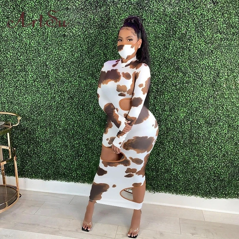 

Artsu Hollow Out Holes Random Print Maxi Dresses For Women Sexy Skinny Pullover Autumn Outfit Streetwear AG30075