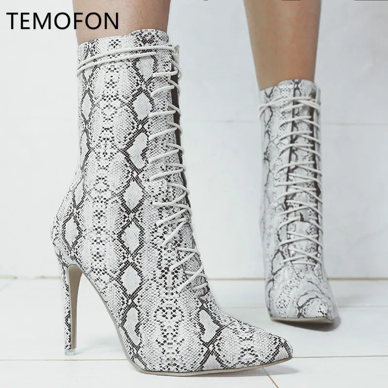 TEMOFON high heels boots women pointed toe PU leather ankle female lace up winter shoes leopard ladies 2020 HVT1408 | Обувь