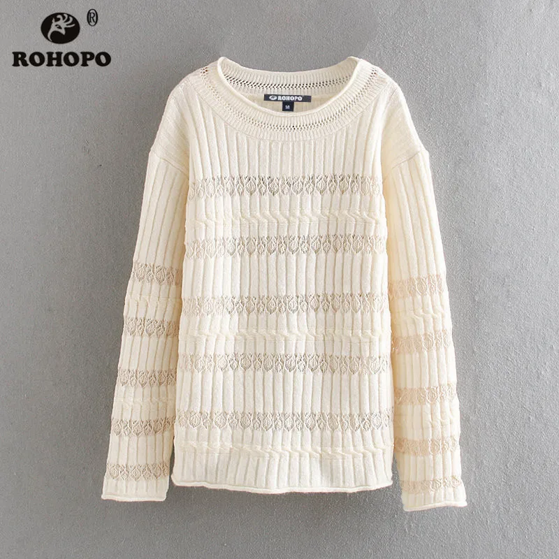ROHOPO круглый воротник длинный рукав жаккардовый белый свитер зимний толстый