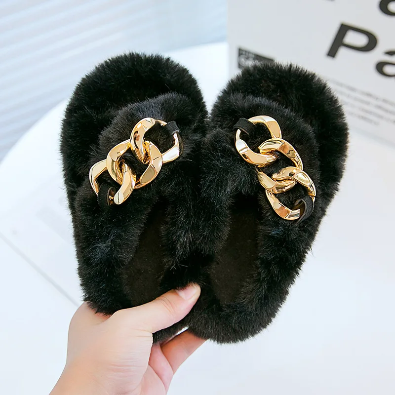 

2022 Winter Kids Baby Girls Furry Fur Slides Plush Slippers Gold Chain Fluffy Flip Flops Luxury Faux Fur Slippers Slip on Flats