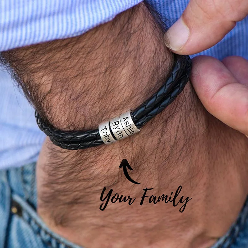 Bracelet For Men Leather Custom Name Bracelet Steel Personalized Bracelet Family Bangles For Men Customized Engraved Bracelets