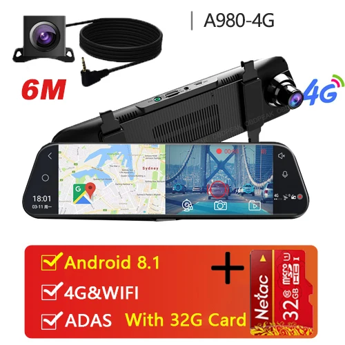 A980 6M With 32G 4G Dash Cam Android 10 дюймов поток медиа зеркало автомобиля зеркало заднего вида автомобиля Dvr ADAS супер ночного видео рекордер FHD двойной 1080P - Название цвета: A980 6M With 32G