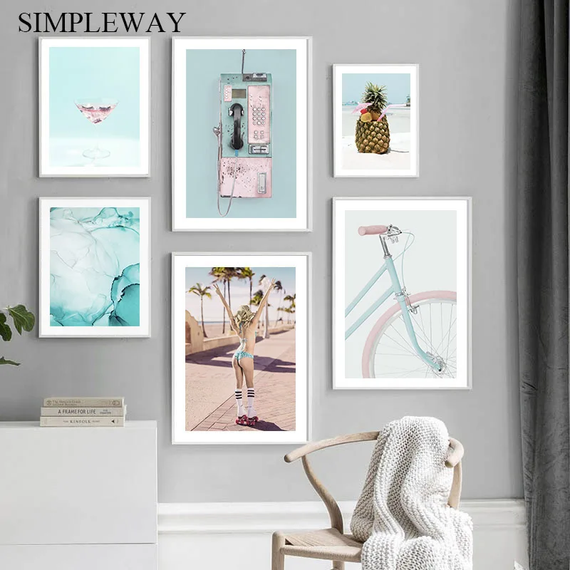 Тропический яркая пляжная ананас плакат с велосипедом пейзаж Картина на холсте