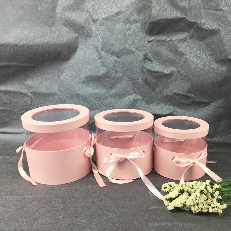 pink round Креативная круглая квадратная полупрозрачная ПВХ Цветочная коробка, подарок на день рождения, украшение дома, упаковка, букет цветов, коробки - Цвет: pink round