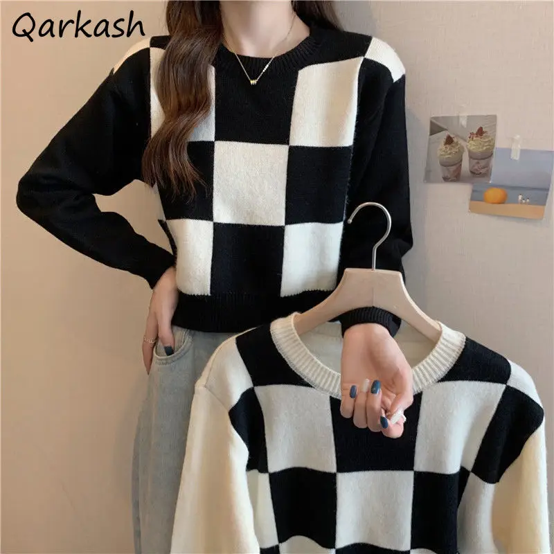 

Cropped Pullovers Women Plaid Vintage Spring Fashion All-match Sweaters Leisure College Daily Mujer Jumpers Checkered Harajuku