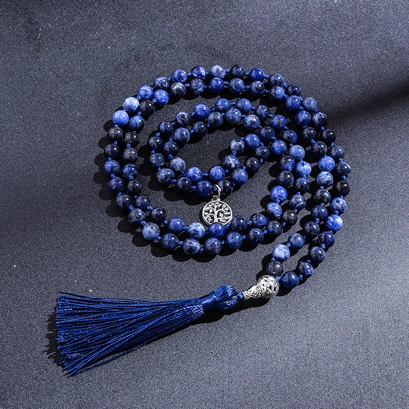 Collar largo con cuentas hechas a mano de sodarita lapislázuli, nudo de cuentas, meditación, Yoga, aniversario, gran cabeza de Buda, borla, 108