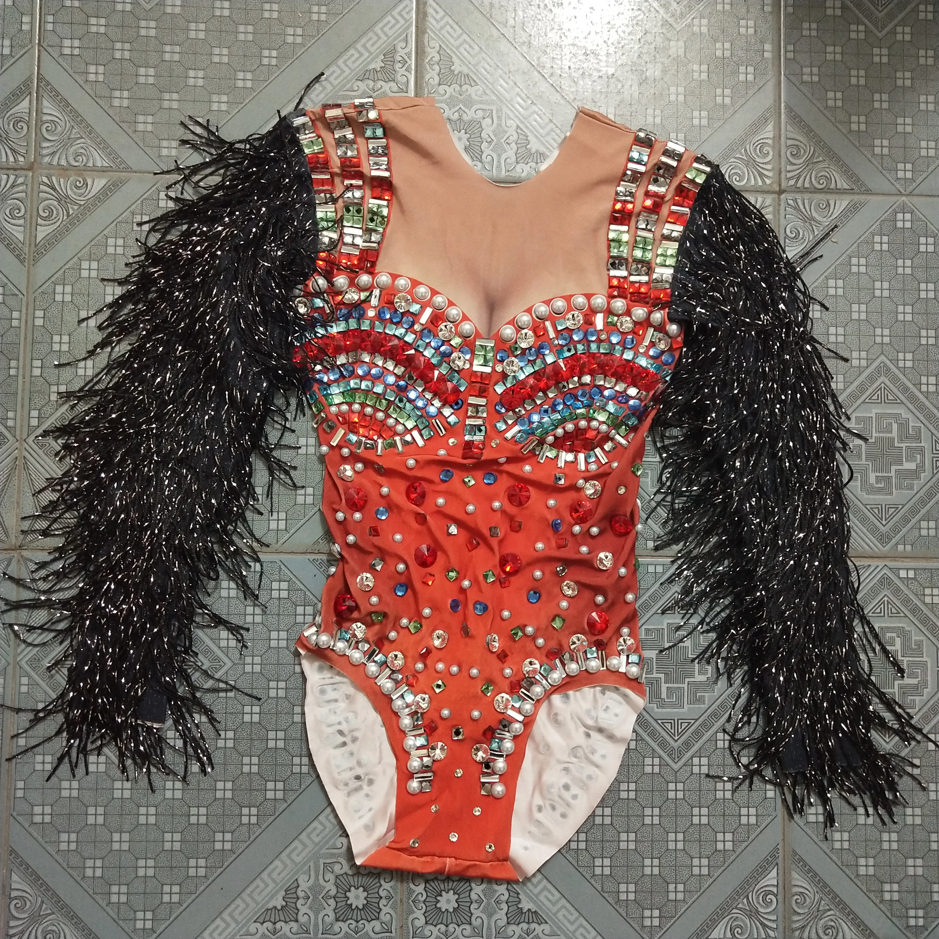 Black Tassel Sleeve Colorful Rhinestones Bodysuit Nightclub Lady DJ Singer Performance Costume Elastic Skinny Catsuit Stage Wear