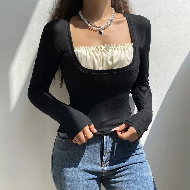 

Autumn 2021 Black Female Tshirts Contrast Patchwork Squared Waist Collar Elegant Fashion with Long Sleeve Top y2k Straight Tees