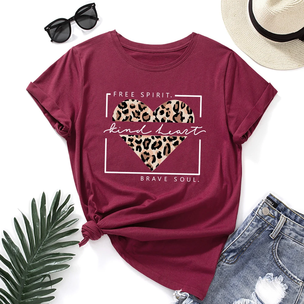 

Leopard Heart Free Kind Spirit Brave Soul T-Shirt Positive Shirts for Women Female Graphic Tee Short Sleeve Summer Shirts Tops