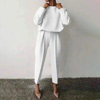 two piece sets autumn new 2021 solid color women round neck long sleeve top fashion loose trousers suit western style