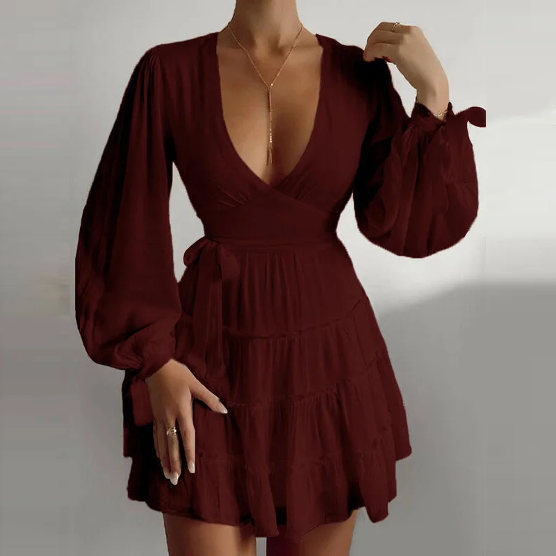 

Elegant Women Bandage Pleated Party Dress Sexy Deep V Neck Slim Mini Dresses Casual Fashion Lantern Sleeve A-Line Dress Vestidos