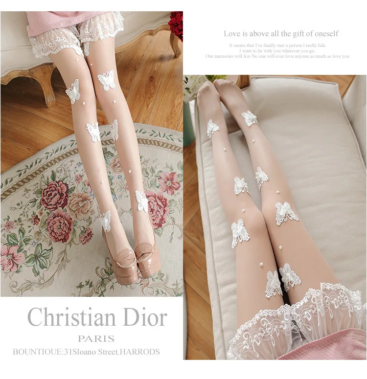 Autumn Winter Pantyhose Women Sweet Princess Embroidered Nails Beads Stockings Sexy Black Transparent Arbitrary Shearing Tights