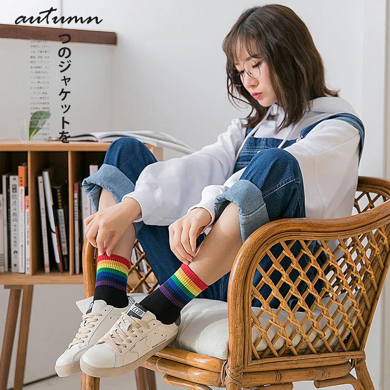 

Breathable Sweat LGBT Striped Streetwear Women Rainbow Socks Warm Funny Girls Candy White Black Short Winter Cotton Happy Socks