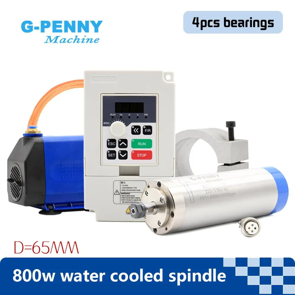 G-penny 800w Kit mandrino raffreddato ad acqua 0.8kw raffreddamento ad acqua 4 pezzi cuscinetti 65x195mm e 1.5kw Inverter / VFD e supporto 65mm e pompa 75w