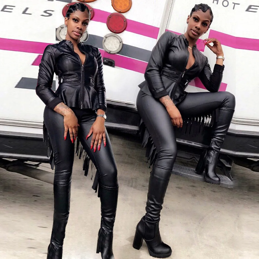 Женский сексуальный костюм в стиле панк из искусственной кожи с бахромой Клубная