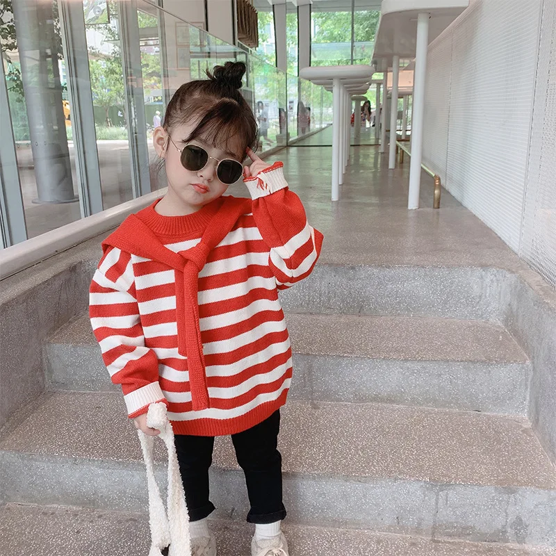 

Children's sweater 2021 autumn and winter new Pullover Top Korean girls striped shawl smiling face sweater 5-62