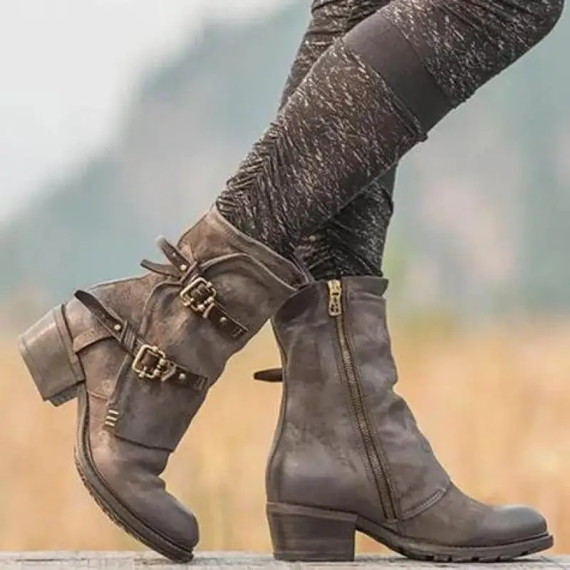 Autumn Women Shoes Motorcycle Boots Platform Low Square Heel Round Toe Ankle Buckle Handmade Sewing Punk Cool Ladies Female 2021