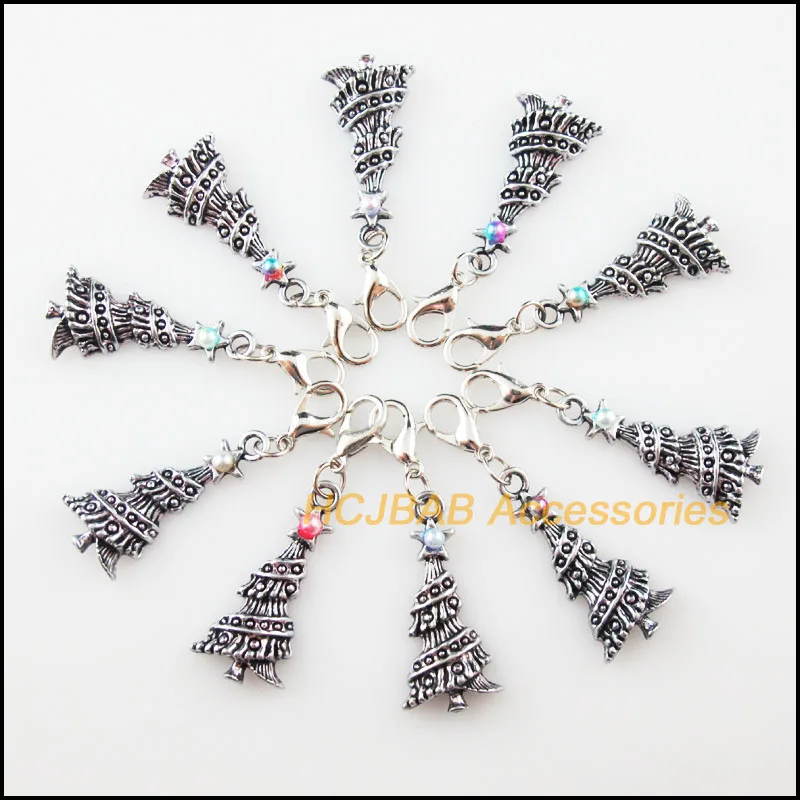 

10 New Christmas Tree Charms With Lobster Claw Clasps Multicolored Mixed Beads Retro