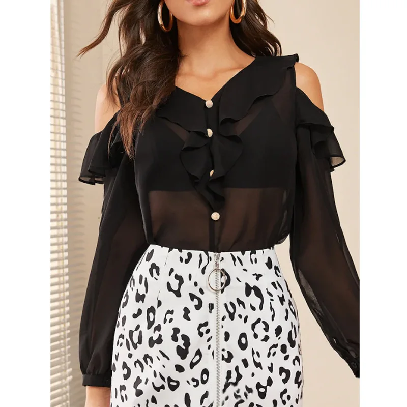 

Women Blouses Black Sexy Long Sleeve V-neck Thin Volie Perspective Blouse Elegant Fashion Tops Lady Ruffles Neck Chiffon Shirts