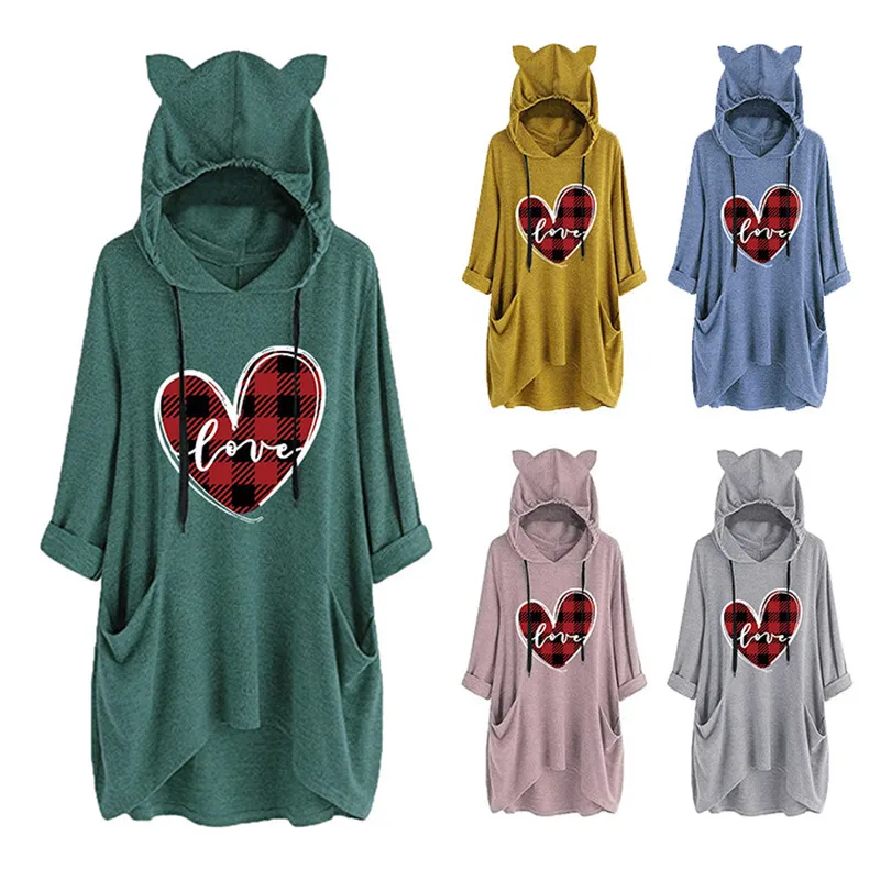 Cute Fashion Women's Hooded Pullover Sweatshirt Casual Sports Top LOVE Valentine's Day Skirt Cat Ears