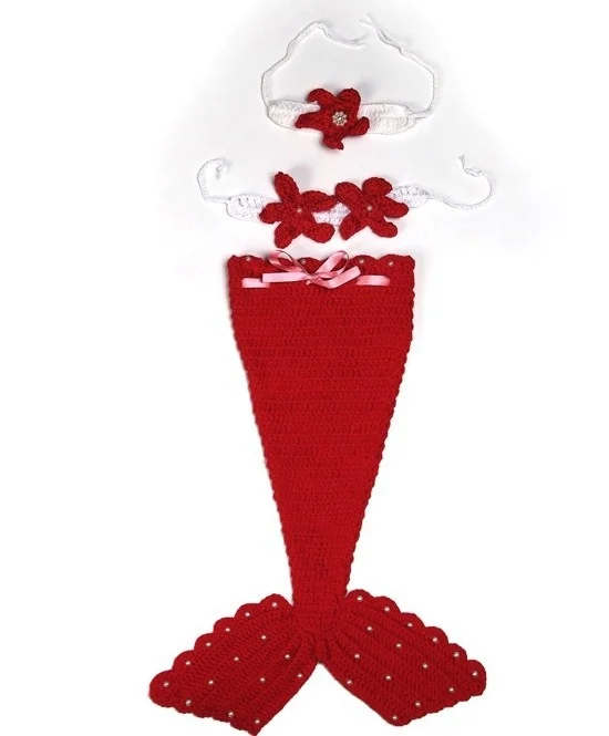 BomHCS 3PCs Newborn Baby Girls Little Mermaid Tail Headband Outfits Crochet Photo Props