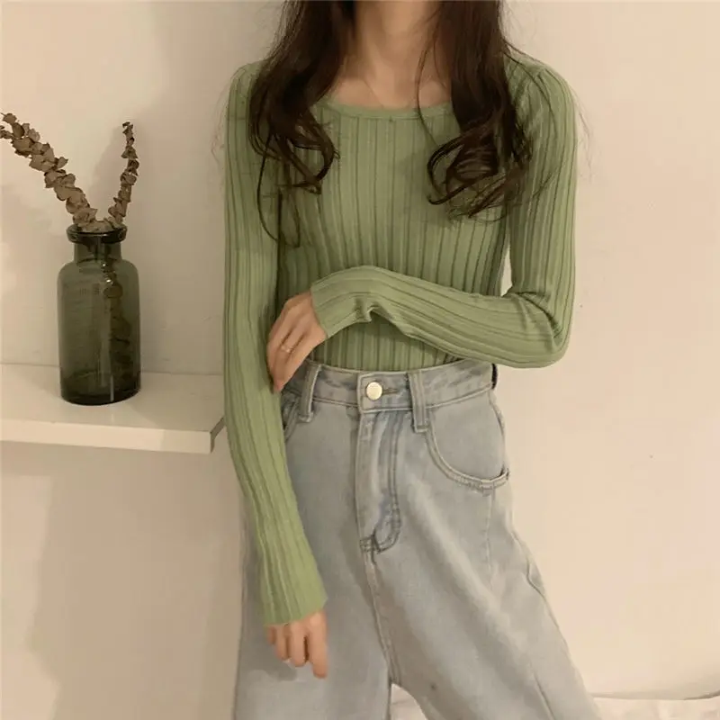 Autumn Winter Women Square Collar Leaking Clavicle Pit Strip Slim-fit Sweater Hong Kong Flavor Western Style Neckline Thin Base