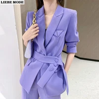 womens green purple office straight pants suits for business ladies two piece belt blazer set formal jacket and trouser suite