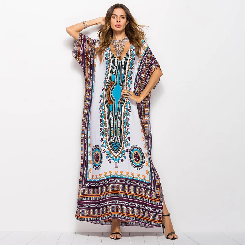 

2021 Spring and Summer Women's Bohemian Beach Skirt Plus Size South American Style Printed Casual Fashion Dress Robe Beach Style