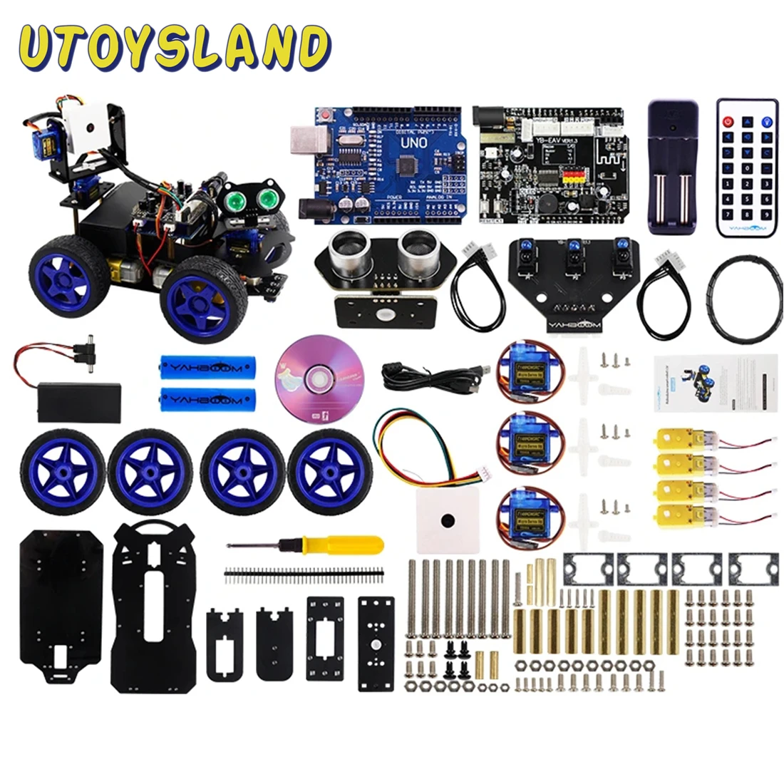 

Scratch3.0 Luminescent Ultrasonic Module Smart Robot Car Wifi Camera Gimbal Kit For Arduino UNO(No Battery)(With Two Batteries)