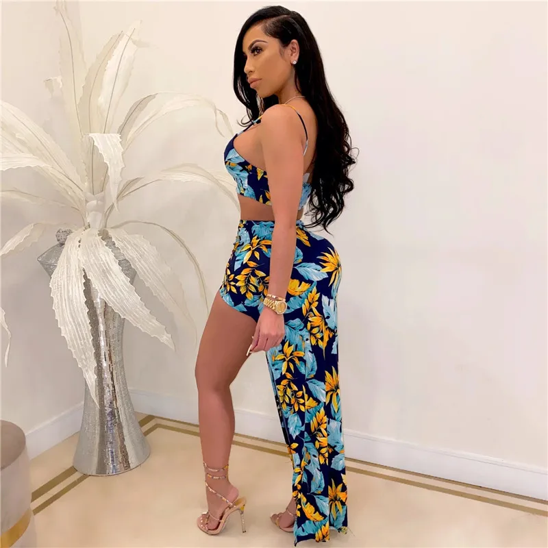 

Summer new European and American women suit printing halter belt crop top + fashion irregular skirt two-piece suit