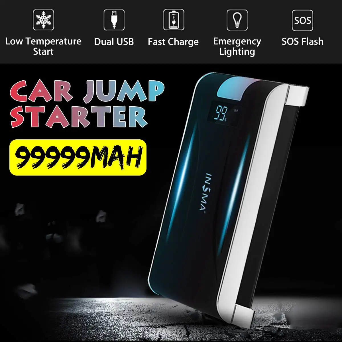 Многофункциональное автомобильное пусковое устройство 99999mAh 4USB 600A, автомобильное зарядное устройство для подзарядки аккумулятора, Дополнительный внешний аккумулятор, аварийное пусковое устройство