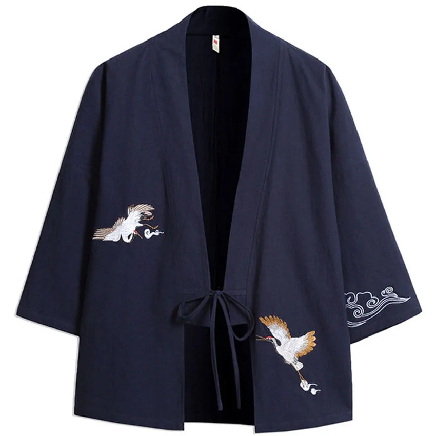 Кимоно Кардиган в японском стиле для мужчин Самурай хаори одежда кран вышивка традиционная винтажная юката азиатская одежда для женщин