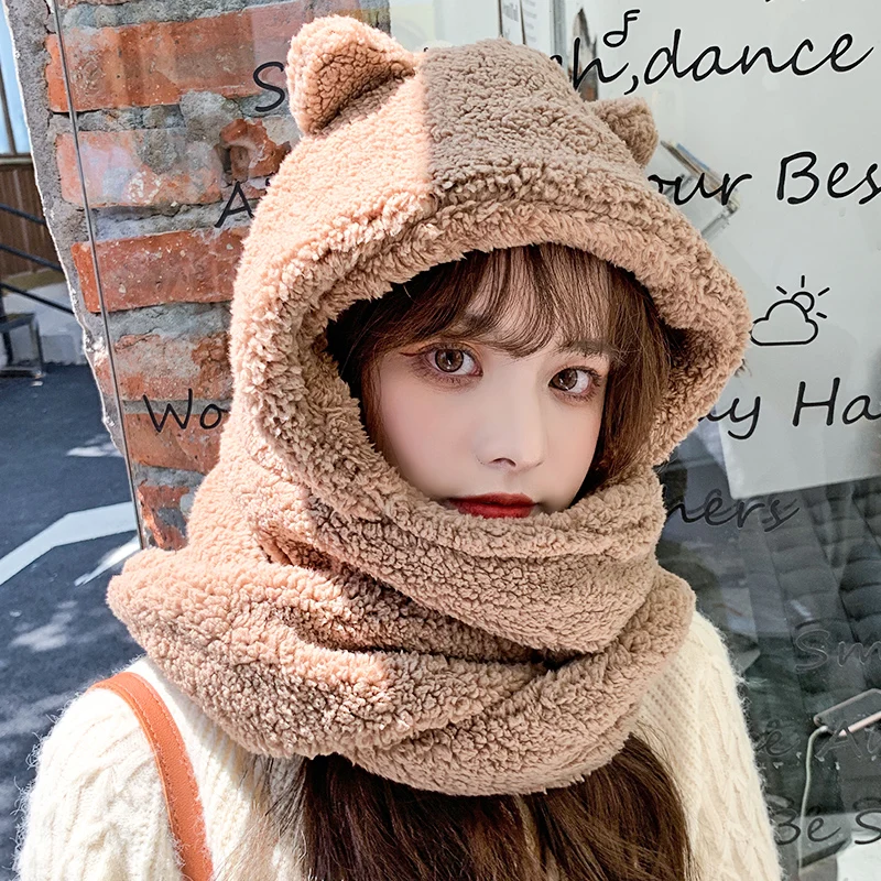

Winter Bear Ear Protection Hat Scarf One Female Autumn and Winter All-Match Cute Hooded Plush Keep Warm