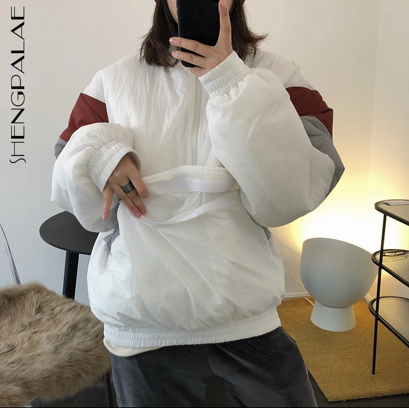 

SHENGPALAE Fashion Contrast Color Cotton Padded Jacket Women's Winter 2021 New Stand Collar Loose Zipper Long Sleeve Short Coat