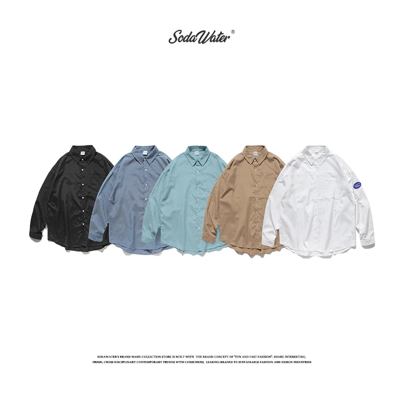 SODAWATER Men Vintage Shirt Japan Style Loose Solid Autumn Streetwear Casual Front Pocket Long Sleeve Tops 92134W | Мужская одежда