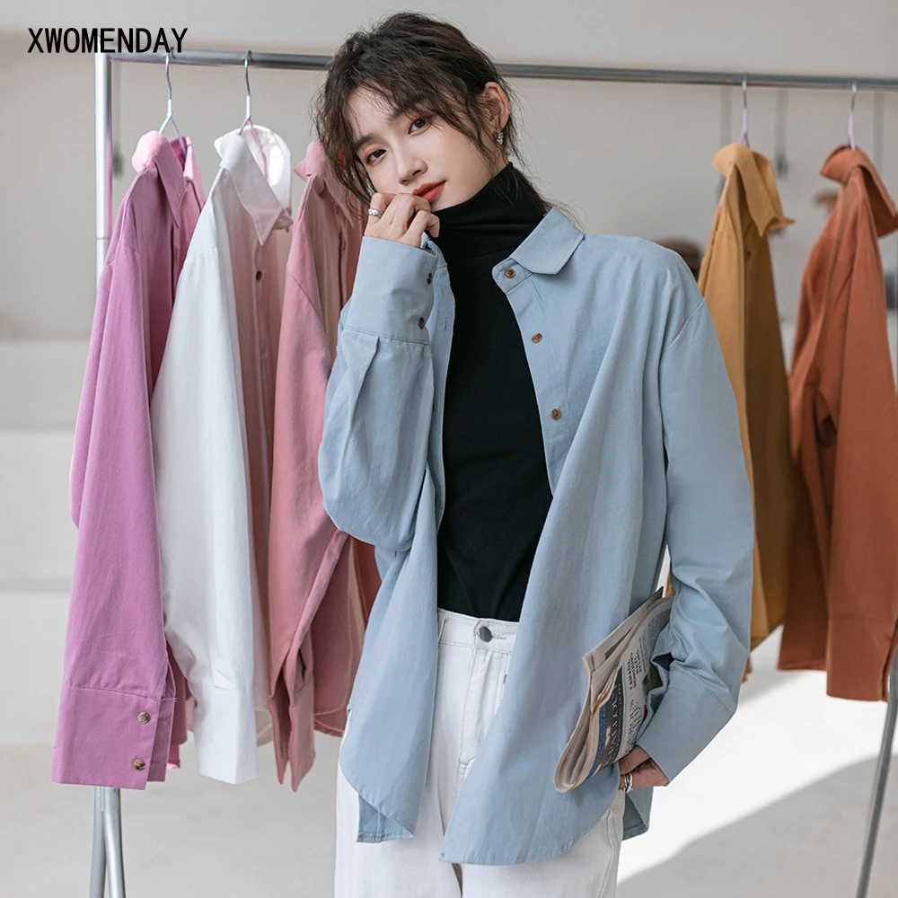 

Shirts For Women Korean Fashion Clothing Spring Autumn Basic Casual White Button Up Collared Tops Purple 2021 Fashion New Blouse