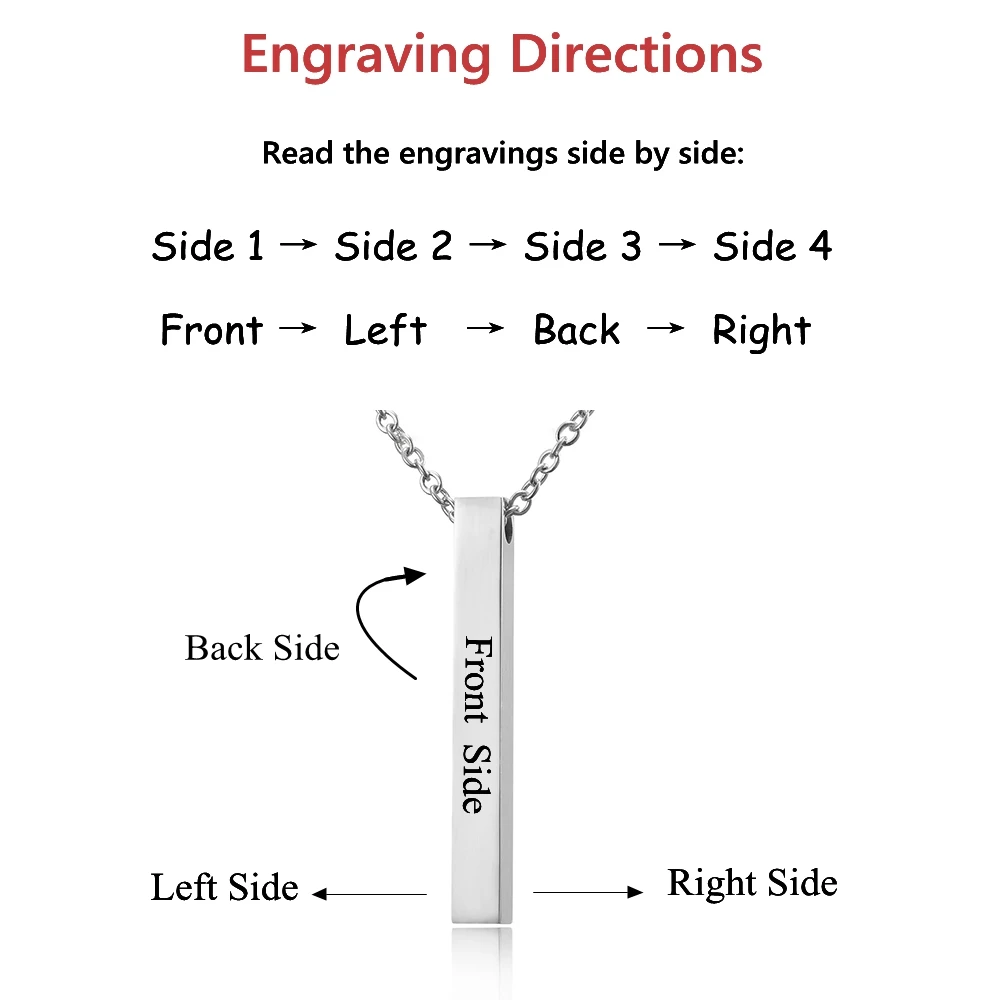

Customized Personality Engrave 4 Sides Name Date Stainless Steel Bar Necklace Pendant Men Women Monther's Valentines Day Gift