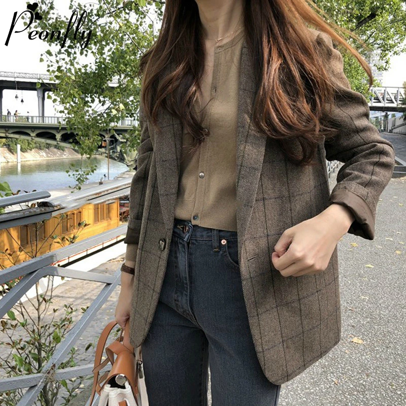 

PEONFLY Spring Korean Vintage Plaid Blazers Women Fashion Loose Notched Single Button Blazer Female Casual Coat Blazer Feminino