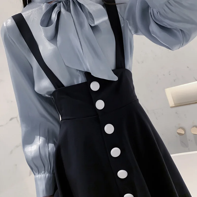 Женская Однотонная рубашка с рукавами-фонариками бантом и кисточками юбка на