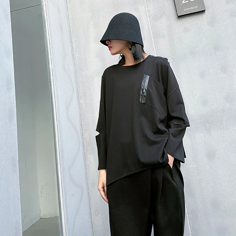 

XUXI Spring Autumn 2020 Asymmetrical Black Women's Smoky Sweatshirt In South Korea Loosen New O Neck Sleeve Long Fashion FZ1160