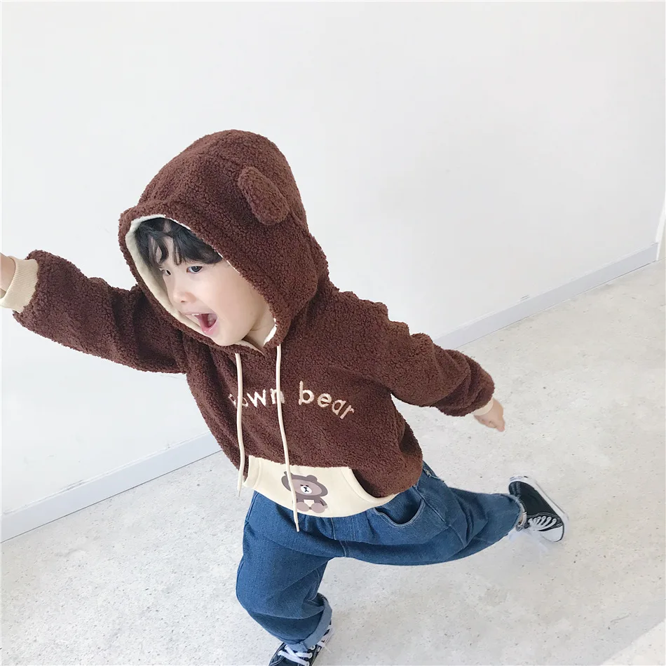 Tonytaobaby/Новинка; зимняя детская одежда для мальчиков и девочек; флисовая толстовка с капюшоном с изображением медведя и кролика