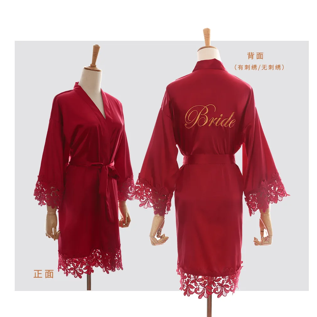 

Satin Embroidery Letter Robe New Lace Bathrobe Women Lingerie Bride Bridesmaid Wedding Nightwear Kimono Gown Home Clothes