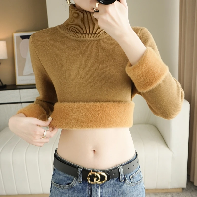 

Women's sweater casual knit high lapel pullover winter new plus velvet bottoming shirt Korean fashion plus size jacket warm