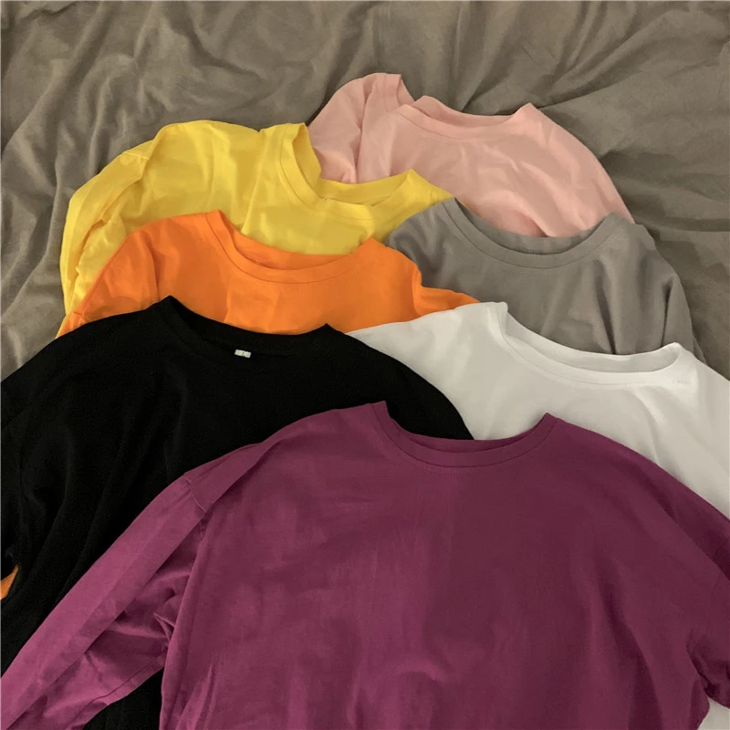 

7 Colors Autumn Women Basic Solid T-Shirt Oversize Cotton O-Neck Pink Tees Spring Casual Full Sleeve Loose Bottoming Tops T09413