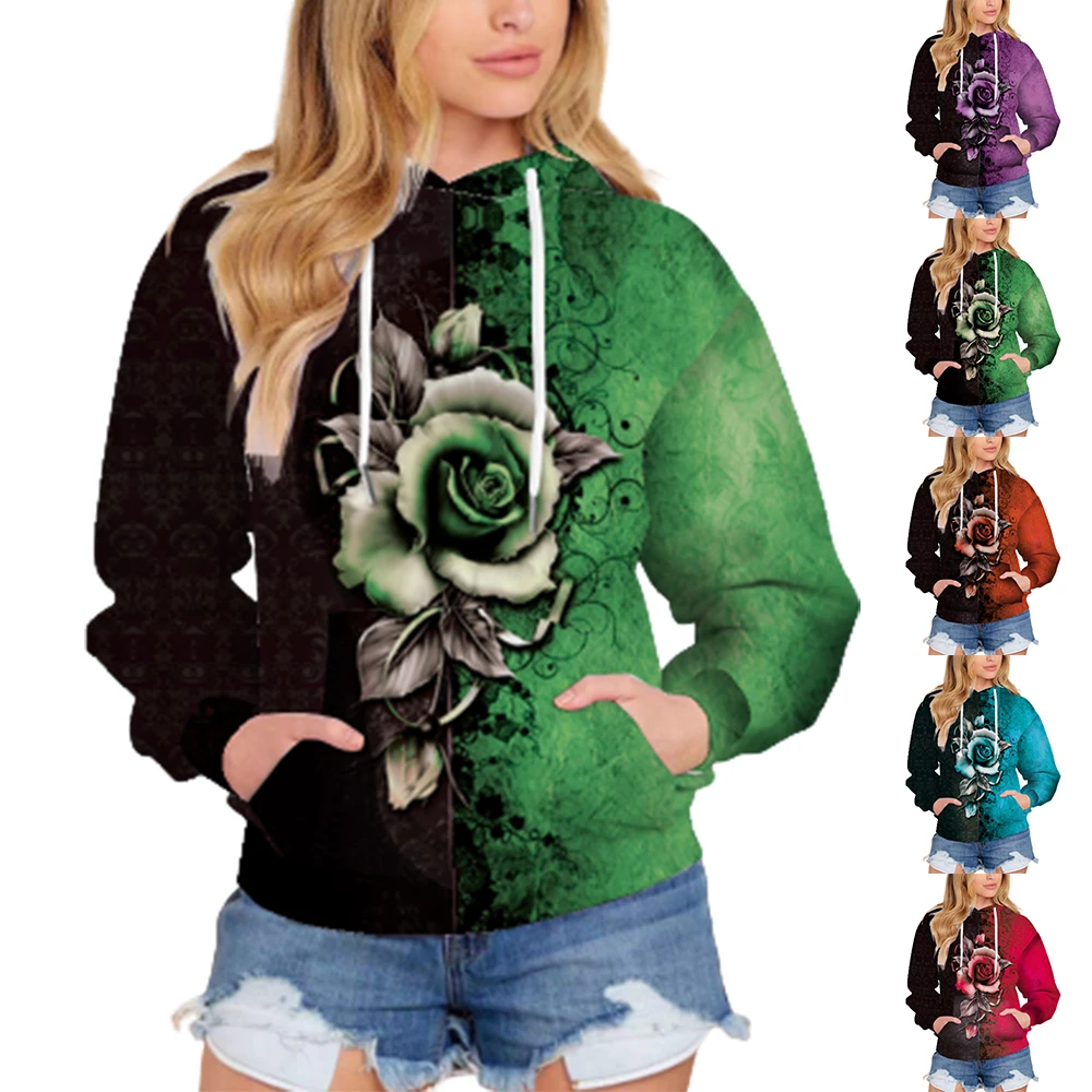 

Floral Hoodies Hooded Patchwork Contrast Casual Pullover Jumper Warmer Coat Hoody Tops Autumn Winter Womens Clothing