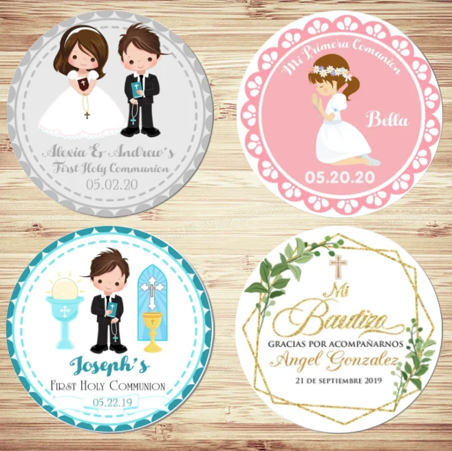 

100PCS Custom First Holy Communion Stickers Christening Personalized Baby Shower Labels Boy Baptism Birthday Party Decorations